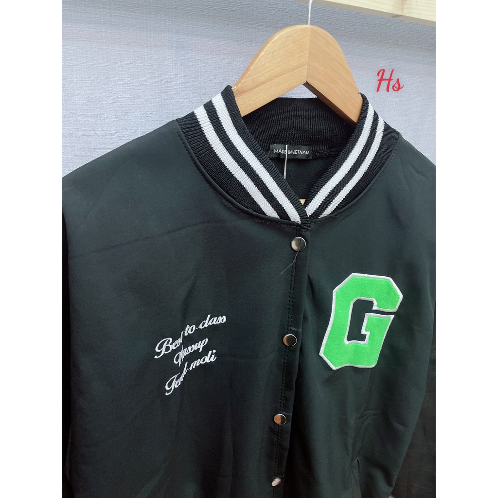 Áo Khoác Bomber Nam Nữ Varsity Jacket form rộng chất nỉ Phối Tay Da thêu chữ G màu xanh | BigBuy360 - bigbuy360.vn