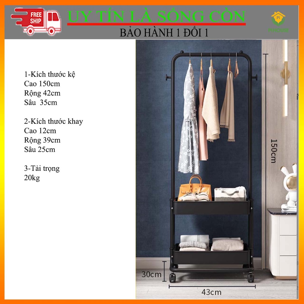 Kệ H Đa Năng Có Bánh Xe 2 Khay Để Đồ Và Có Giá Treo Quần Áo Đi Kèm Tiện Lợi