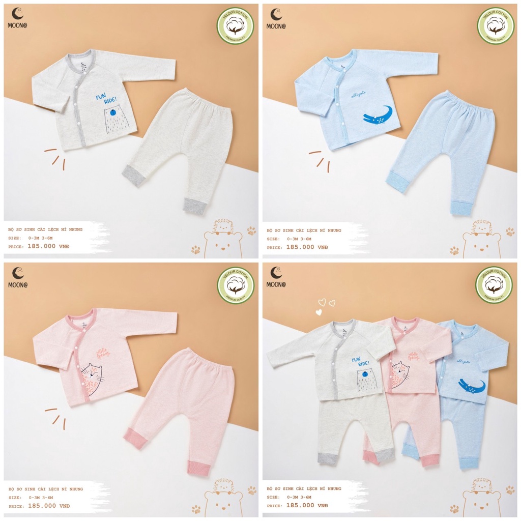 Moon@ Bộ sơ sinh thu đông cotton nỉ cài lệch cho bé trai/ bé gái (sale)