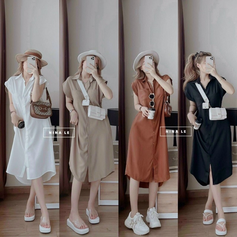 Đầm sơ mi cổ bẻ sát nách chất đũi loại 1