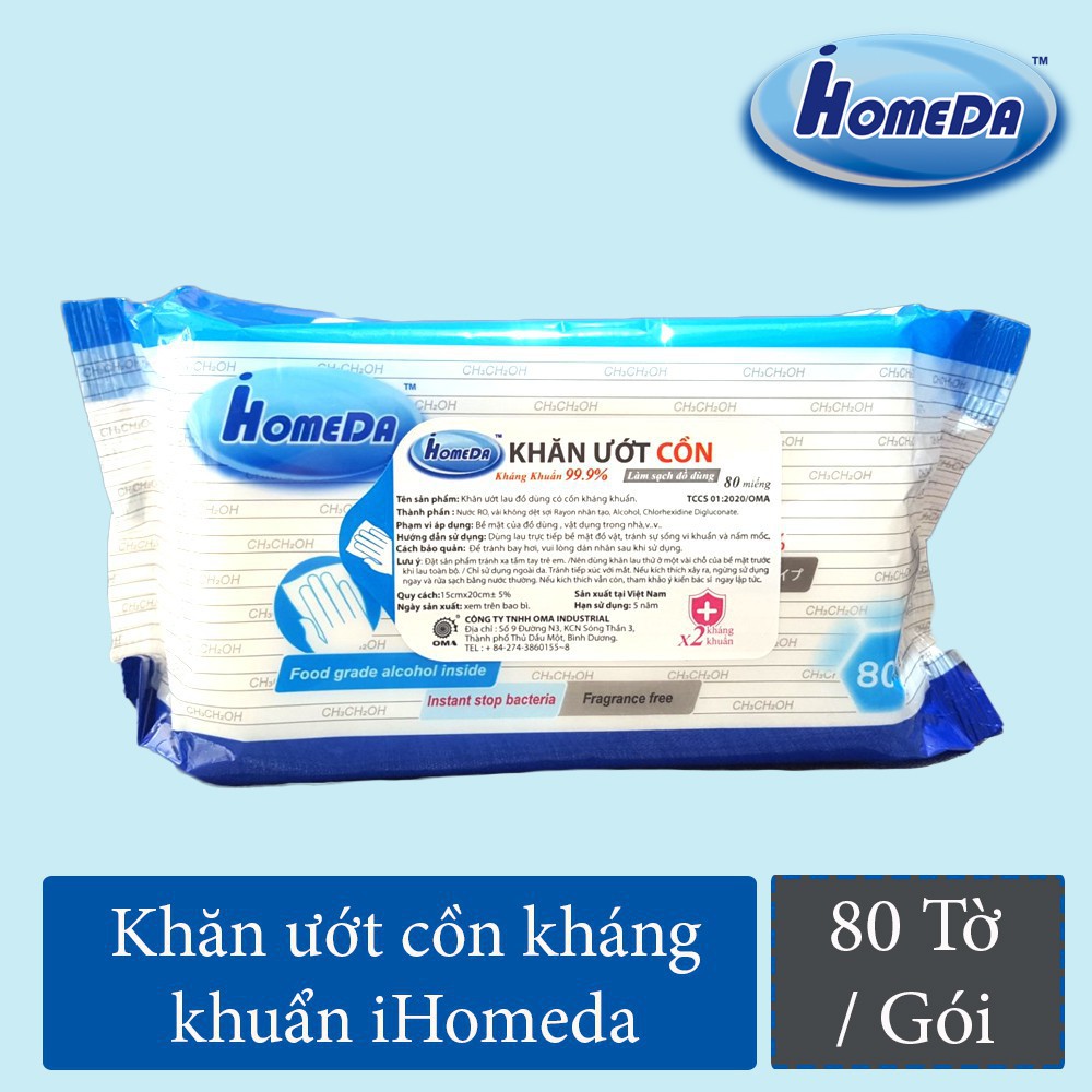 Khăn Ướt Tẩm Cồn Kháng Khuẩn  iHomeda ( Gói 80 Tờ)