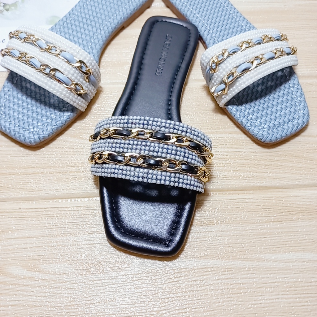 Dép Nữ Đế Bệt Hở Mũi  MINHTUYETSHOES- Dép Nữ Quai Ngang Đính Đá Dây Xích Mẫu Mới Bền Đẹp Giá Tốt Đi Chơi,Đi Biển mã DNX1