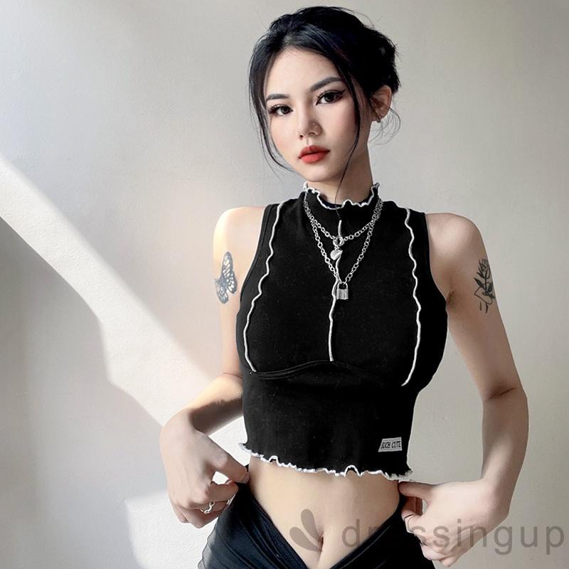 Áo Croptop Không Tay Thêu Chữ Phối Màu Tương Phản Dành Cho Nữ | BigBuy360 - bigbuy360.vn
