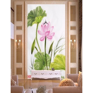 Tranh dán tường hình hoa sen in vải lụa cao cấp kích thước ngang 95 x 160 phủ kim sa bề mặt tranh