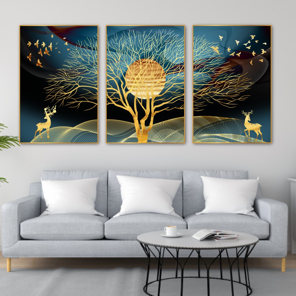 Tranh treo tường canvas hươu vàng dưới ánh trăng decor trang trí phòng khách và phòng ngủ có khung cao cấp khổ lớn 40x60