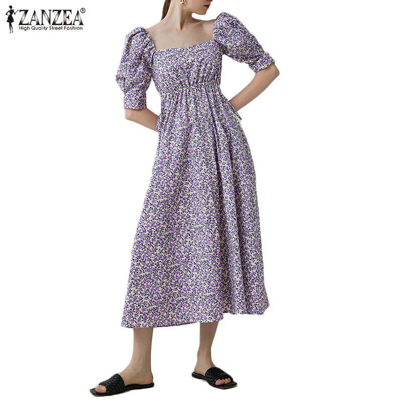 Đầm Maxi ZANZEA Tay Phồng Cổ Vuông In Hoa Phong Cách Xếp Ly Đáng Yêu Cho Nữ | BigBuy360 - bigbuy360.vn