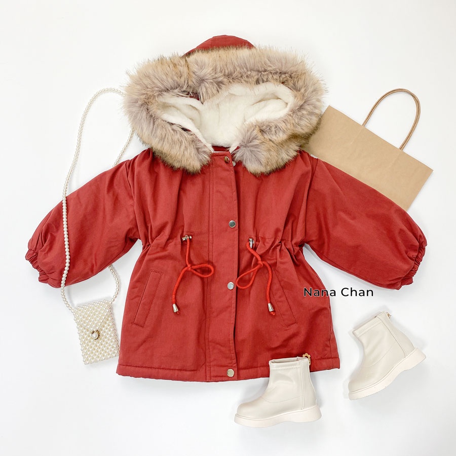 AG359 - Áo khoác parka đỏ mũ lông sz 90-140, áo khoác bé gái thời trang