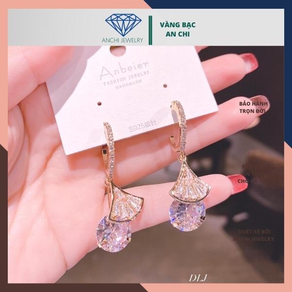 Bông tai công chúa đá tròn, khuyên tai hình quạt - bạc ta sáng đẹp không đen xỉn - An chi Jewelry