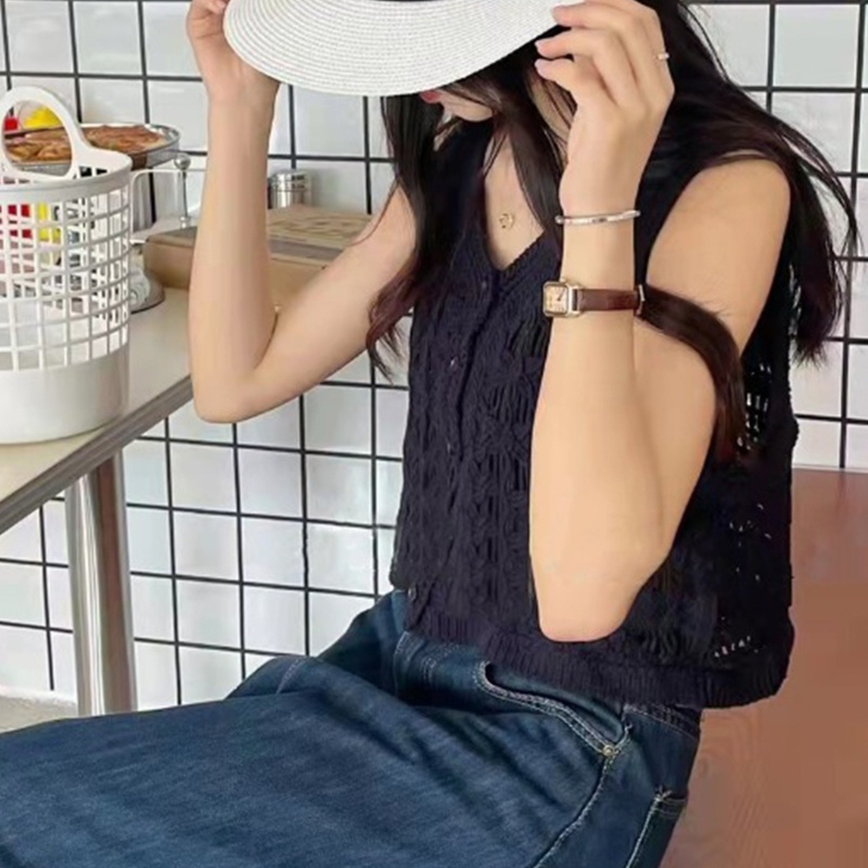 Brroa Áo Khoác Cardigan Dệt Kim Không Tay Cài Nút Họa Tiết Hoa Rỗng Phối Ren Cho Nữ
