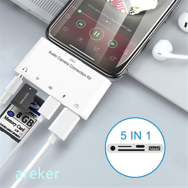 Đầu Đọc Thẻ Nhớ 5 Trong 1 8pin Sang Sd Cổng Usb Otg 3.5mm Cho Iphone Ipad