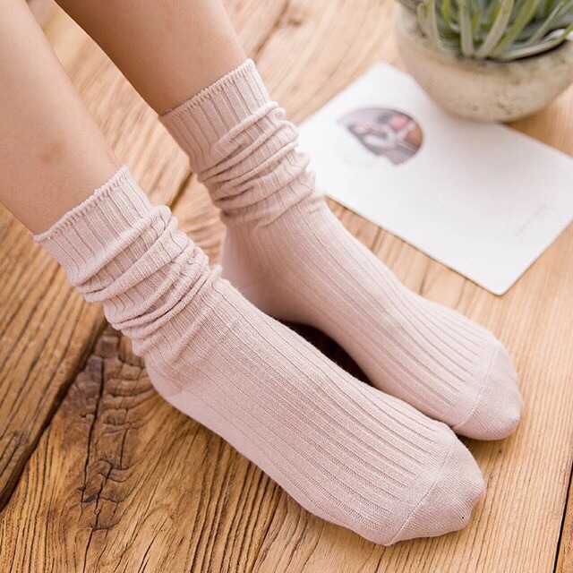 Tất cổ cao vintage Hàn Quốc Unisex Meo shop Vớ cao cổ len gân nam nữ đen trắng Basic tới bắp chân