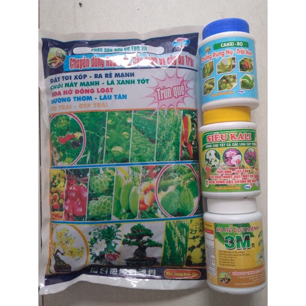 Bộ 4 phân bón kích thích ra rể - tăng đậu hoa-chống rụng nụ chuyên dùng cho cây cảnh, cây ăn trái ( trùn quế, ca, k,3m)