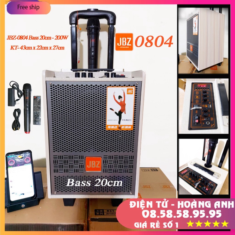 Loa kéo di động JBZ 108-Bass 2 tấcCS-250W+1Micro Không Dây+Remto+adapter sạc+dây tín hiệu tivi
