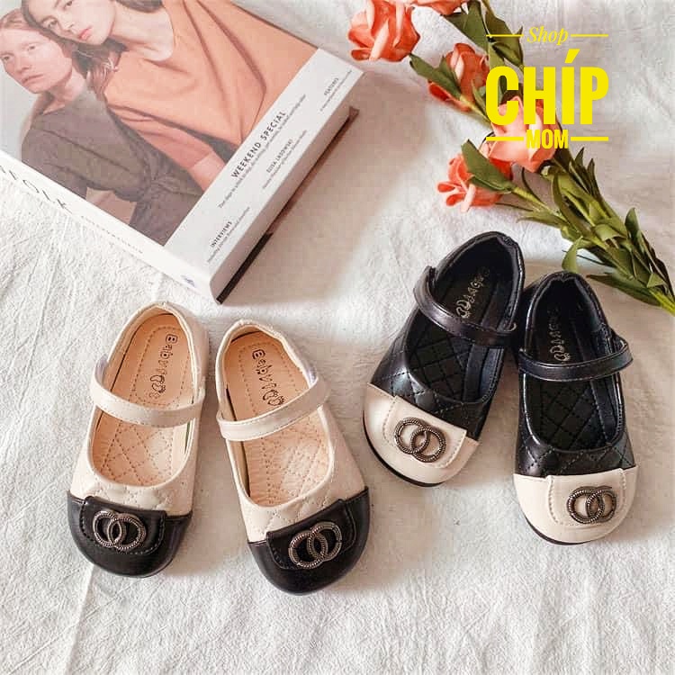 giày búp bê bé gái giày bệt bít mũi cho bé da mềm có quai ngang dán chống trượt QCCC full hộp đen trắng từ 1 tuối YNK667