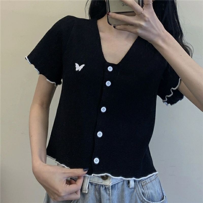 áo thun cổ tim tay ngắn cute dễ thương hàn quốc