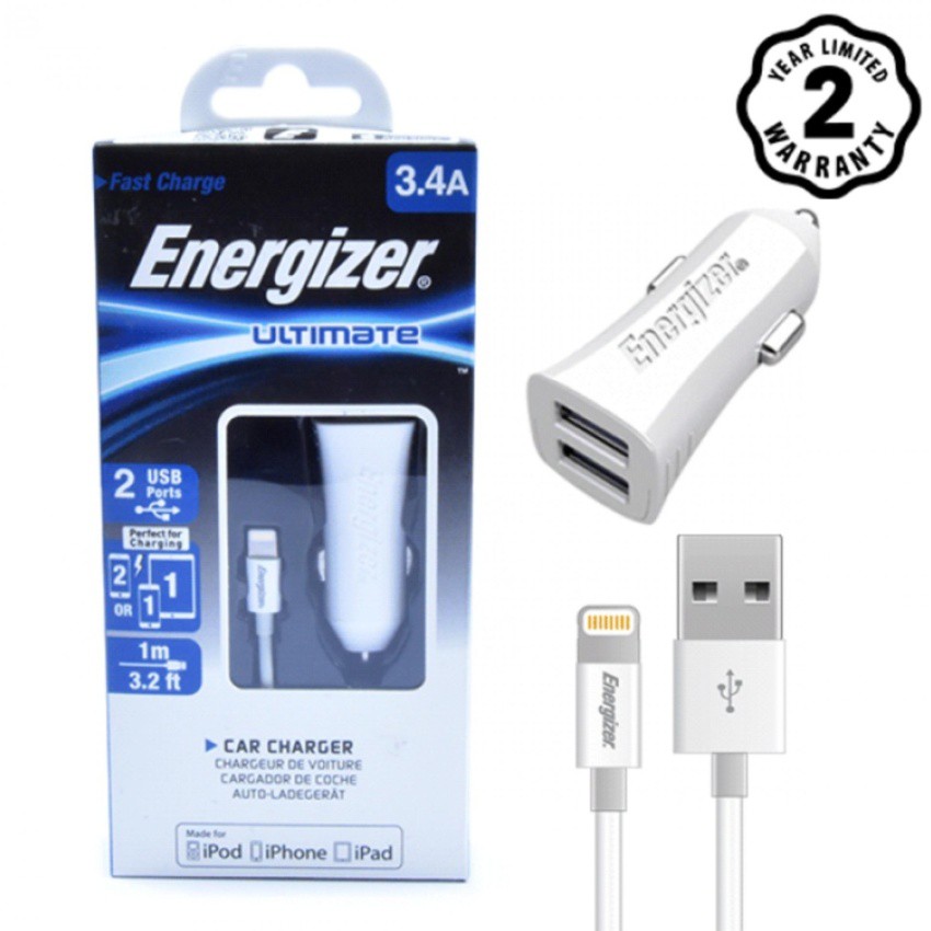 Sạc Ô tô Energizer UL 2 cổng USB 3.4A + 1 Cáp Lightning MFi dài 1m - DCA2CULI3 cho xe hơi (Trắng)