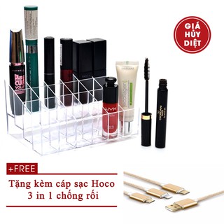 Khay đựng son 24 ô mica tặng kèm dây cáp 3 đầu hoco