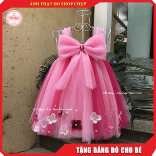 Đầm cho bé sơ sinh 🎁Tặng kèm băng đô🎁 Đầm cho bé sơ sinh hồng phấn nơ đính hoa tú cầu dưới chân