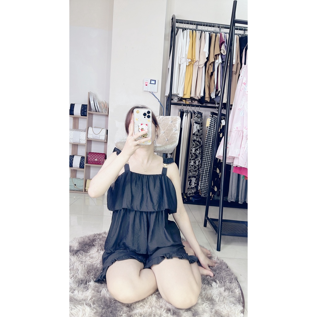 Bộ mặc nhà 2 dây bản to quần đùi mát mẻ, chất vải đũi nhẹ tênh lên dáng tiểu thư Minxu Shop SE03