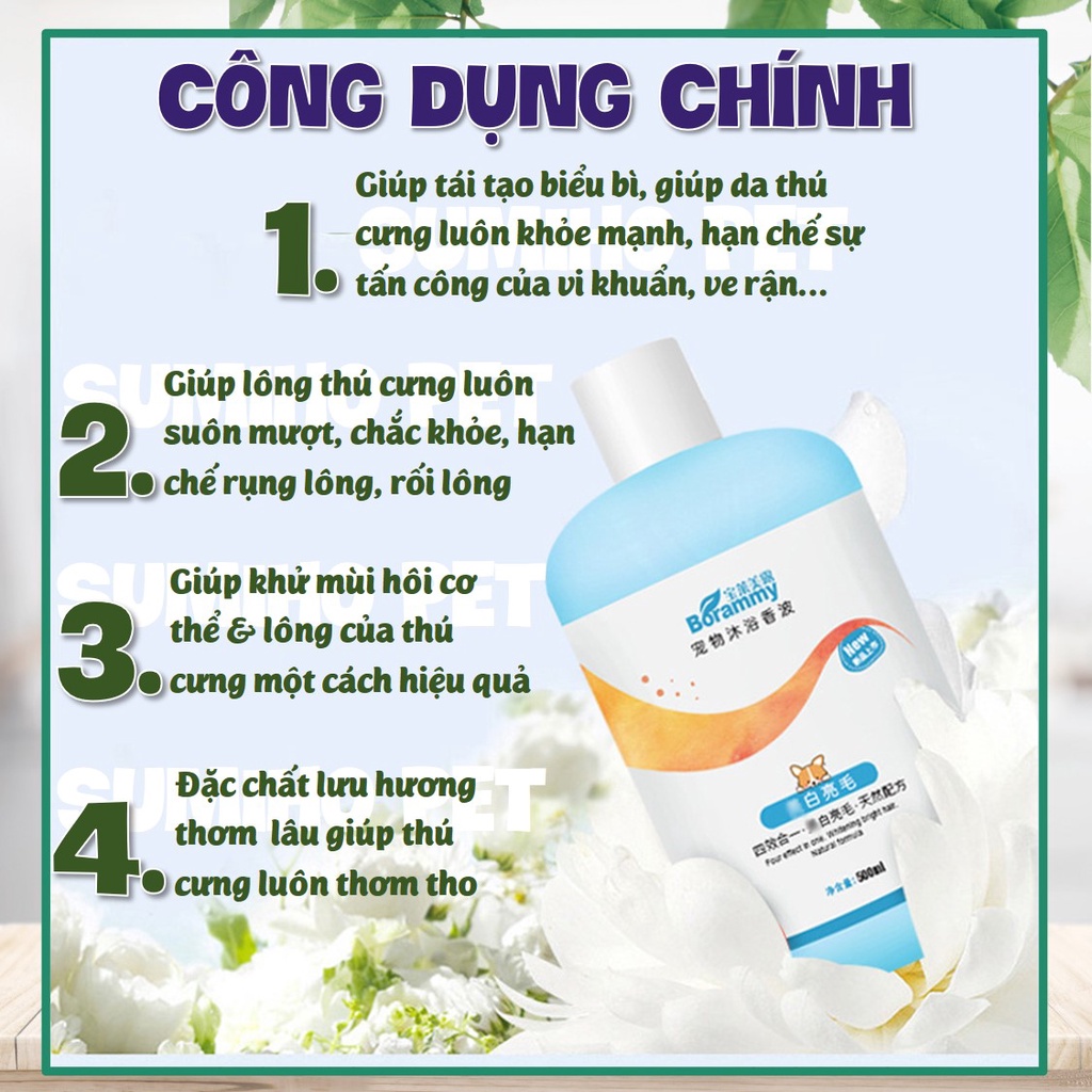 Sữa tắm cho chó mèo BORAMMY (Chai 500ml) dưỡng chất hoa hồng chăm sóc lông toàn diện