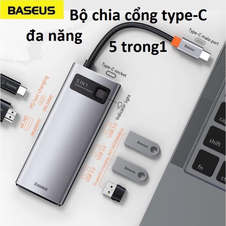 [Hub type-C 5 trong1] Bộ chia cổng Type-C Baseus Metal Gleam Series CAHUB-CX0G