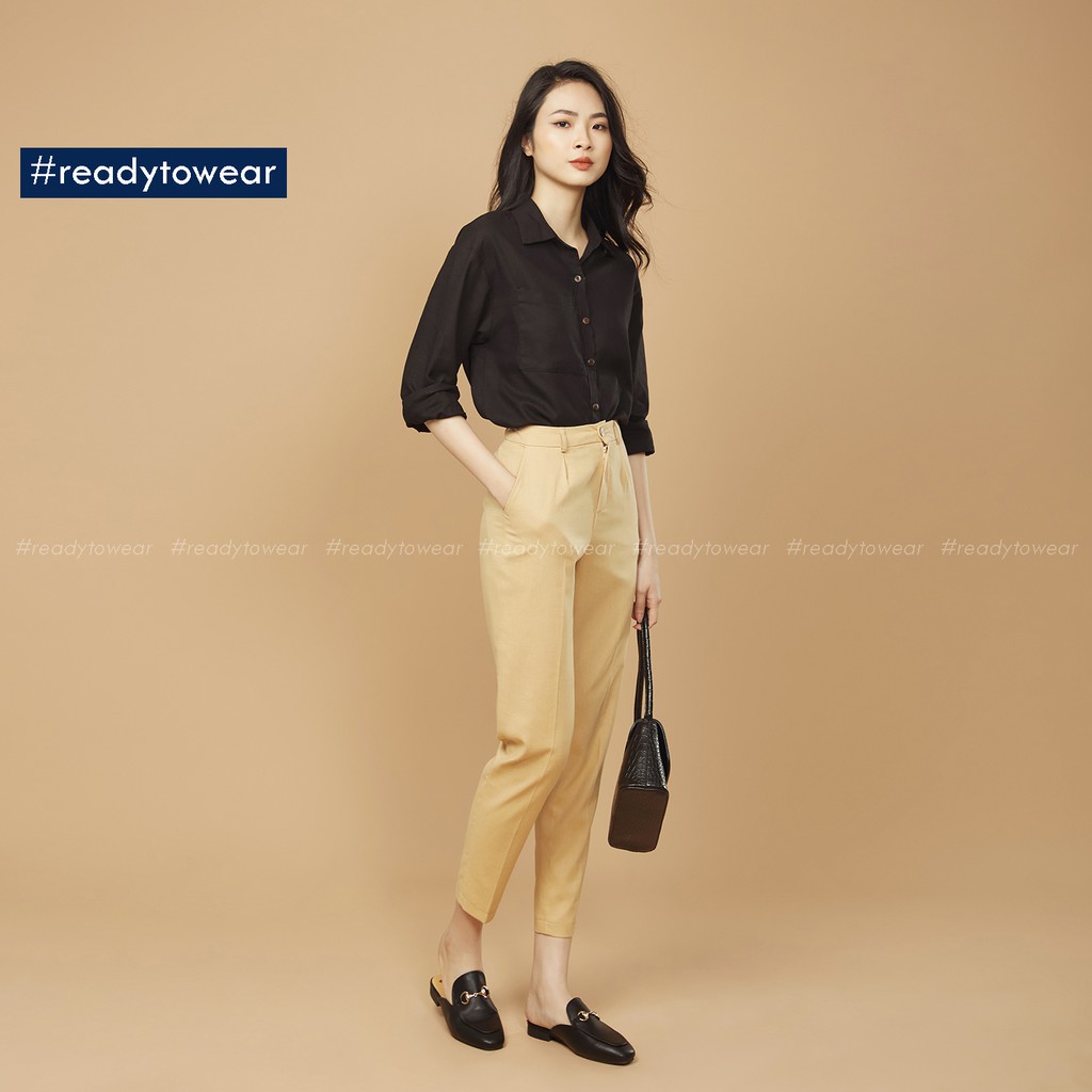 Quần baggy cạp cao nữ công sở vải đũi linen pants màu đen be nâu pastel Q02 | BigBuy360 - bigbuy360.vn