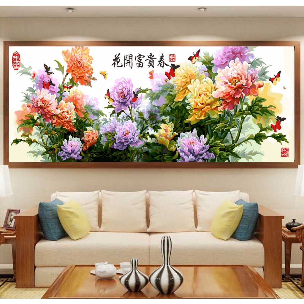 Tranh Sơn Dầu Số Hóa Tự Tô Màu Mẫu Đơn Khai Phú Qúy Khổ Lớn 50x120cm BEE HAPPY Mã HL3027