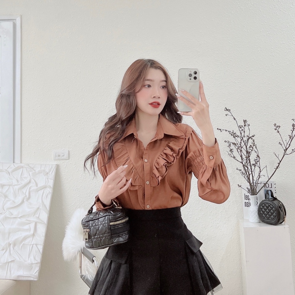 (XẢ HÀNG) Áo sơ mi nữ áo sơ mi kiểu nữ bèo ngực tay dài vải lụa mềm cao cấp màu trắng nâu phong cách hàn quốc RubyShop