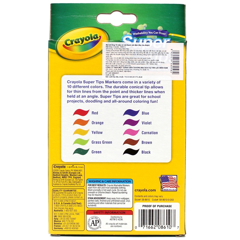 Hộp 10 Bút Lông Màu Super Tips Washable Markers - Crayola 588610