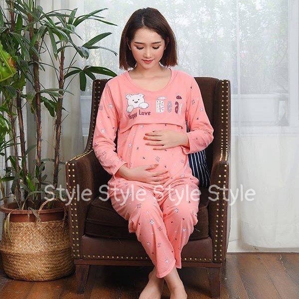 Bộ đồ bầu và sau sinh GẤU DÀI TAY chất cotton cho mẹ 45 - 65kg quần có chun chỉnh bụng