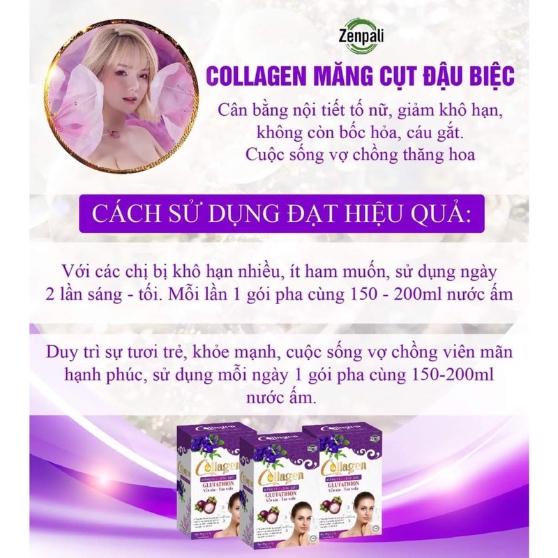 Collagen Glutathion  Măng Cụt Đậu Biếc Zenpali - Cốm Uống Đẹp Da 30 gói