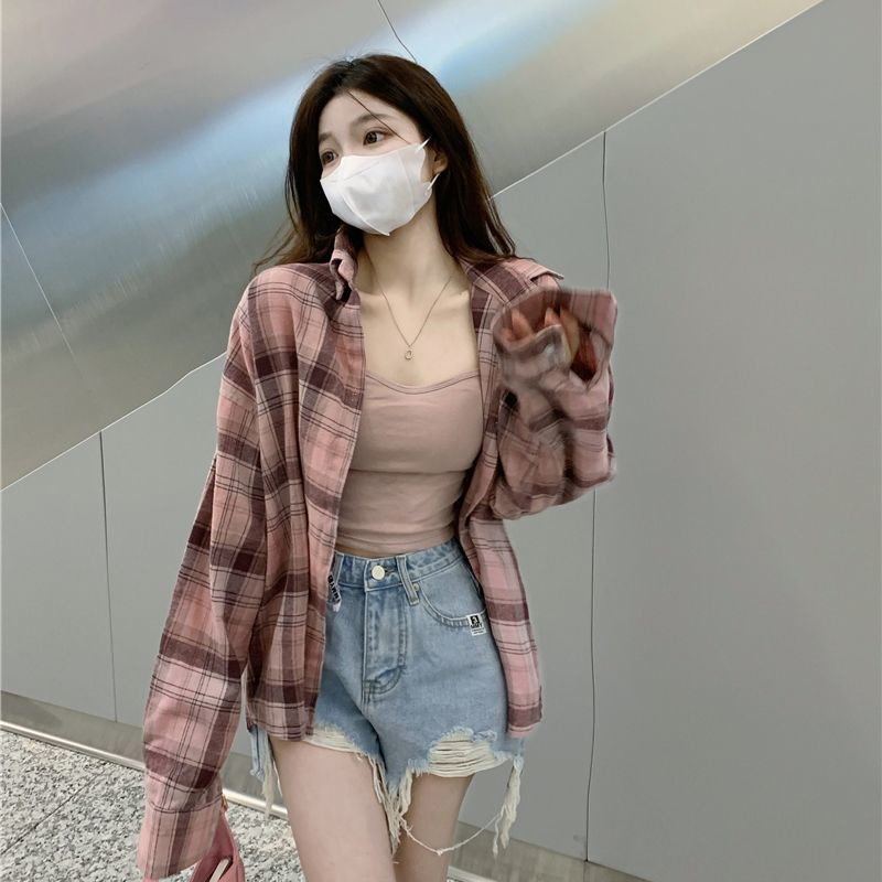 Áo Sơ Mi Kẻ Caro Hồng Phong Cách Vintage Cho Nữ