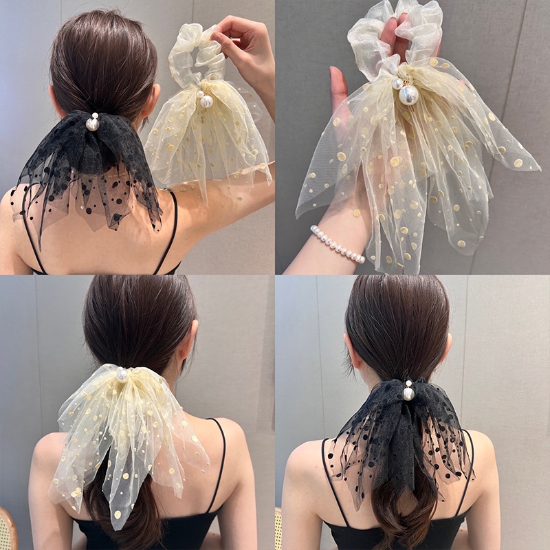 Dây Buộc Tóc Thắt Nơ Ruy Băng Đính Hạt Ngọc Trai Tua Rua