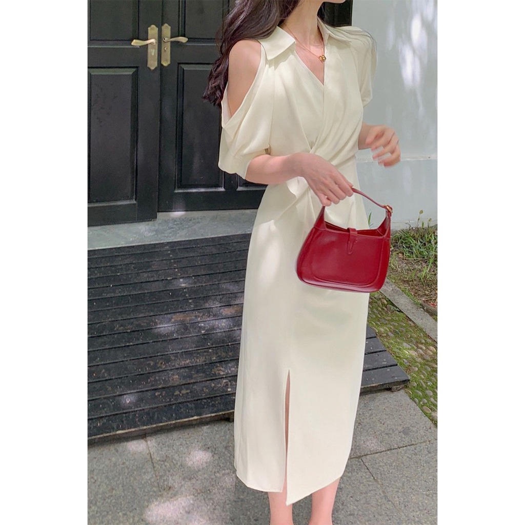 Đầm dài trung bình cổ chữ V thiết kế ôm eo phong cách Pháp thời trang mùa hè cho nữ