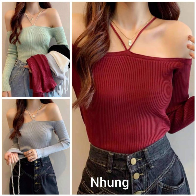 Áo len dây chéo cổ hở vai hàng QC