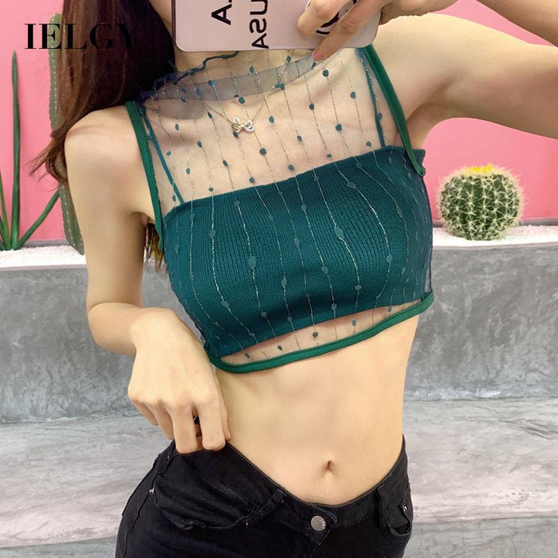 Áo IELGY không tay cổ lọ phối lưới thời trang phong cách Hàn Quốc cho nữ