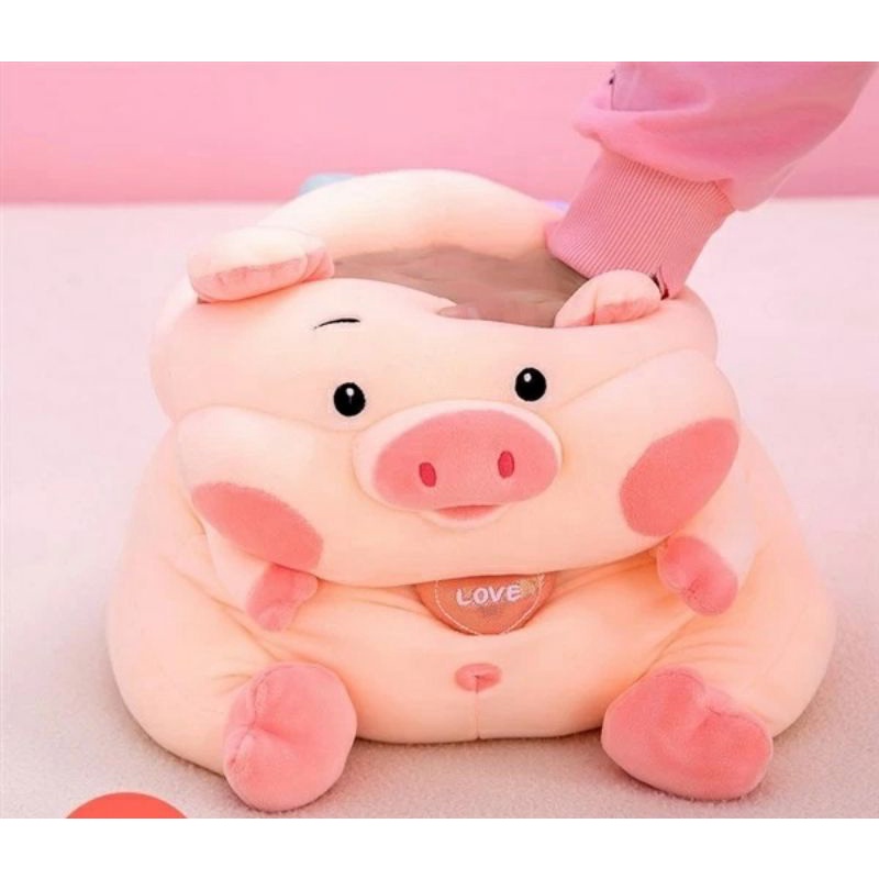 chăn gối văn phòng, gấu bông heo má hồng, gấu kèm chăn, gấu 2in1, gấu heo có mền