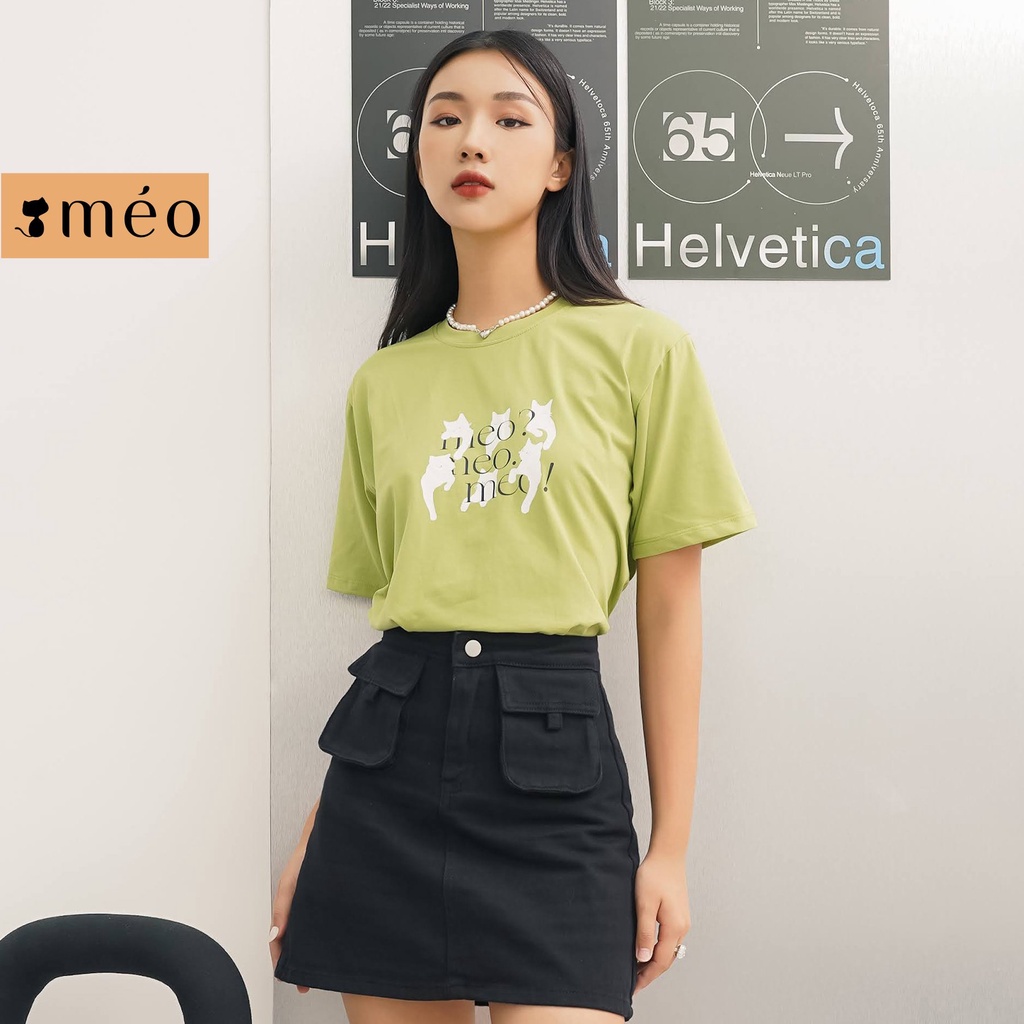 Áo thun tay lỡ Méo shop cổ tròn cotton in chữ Meo freesize form rộng