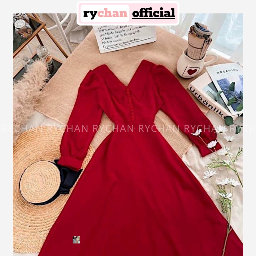 Đầm Xòe Midi Đỏ Cổ Thủy Thủ Nút Bọc Sang Trọng [Ảnh Thật Cuối] - DX0105