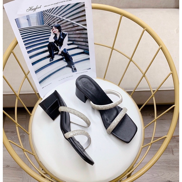 Dép cao gót 2 quai đá to gót vuông da lì 6p chắc chân sang xịn