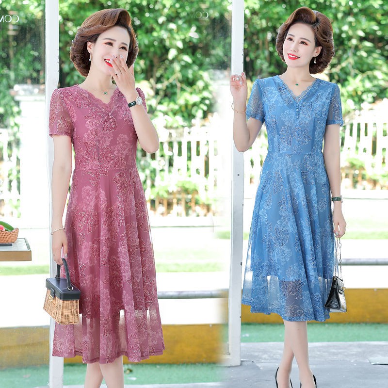 Phong cách phương Tây các bà mẹ trung niên ăn mặc mùa hè váy voan ngắn tay sợi lưới dài tính khí trang phục p