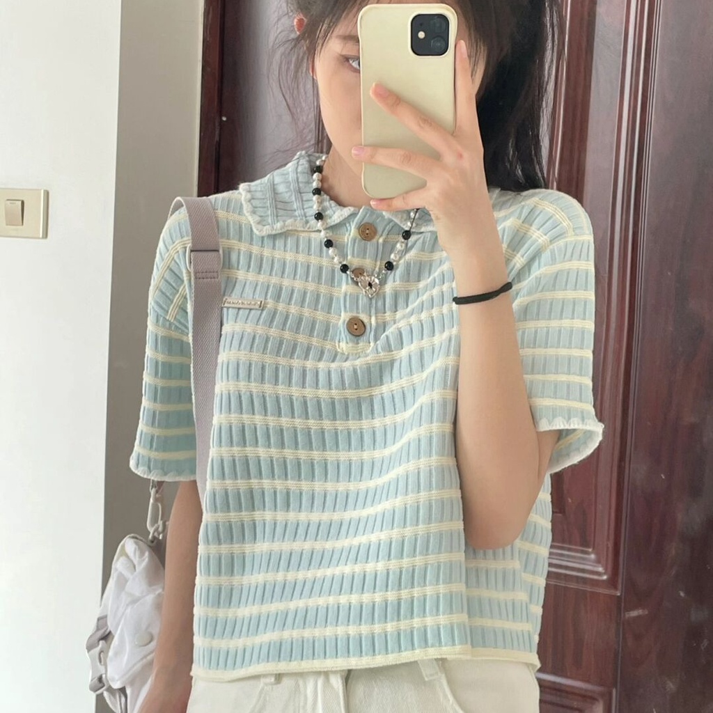 Áo polo dệt kim SUXI tay ngắn dáng rộng họa tiết kẻ sọc thời trang mùa hè cho nữ
