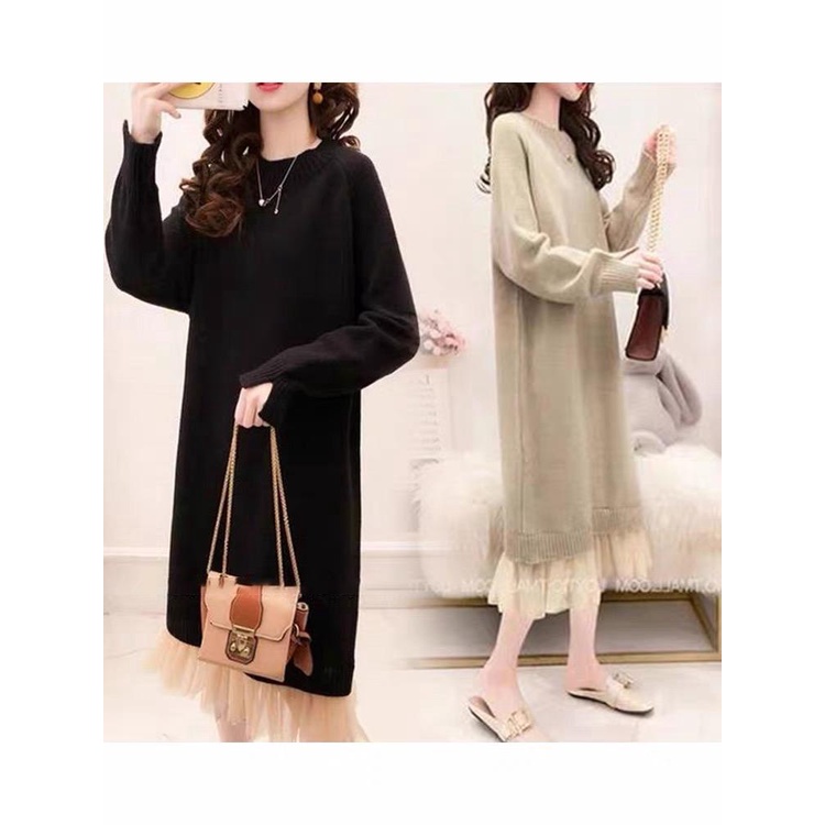 MS838 Váy đầm len nữ trơn chân ren 2 tầng tiểu thư