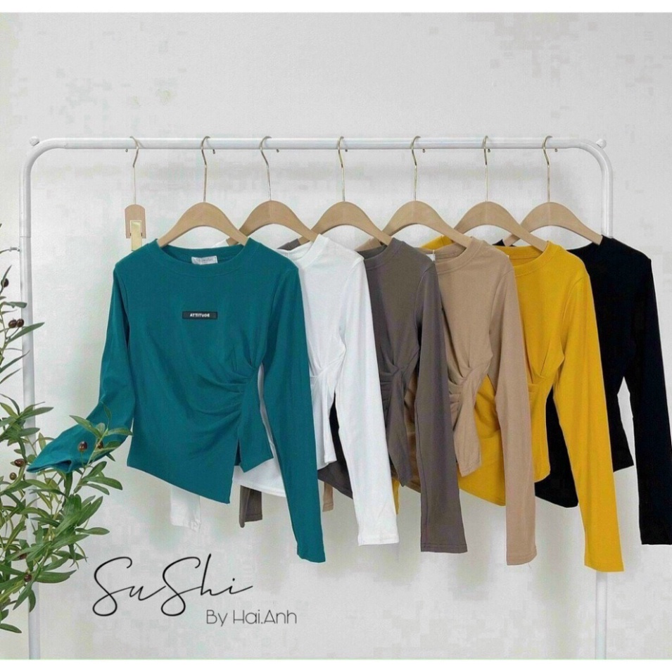 Áo thun nữ dài tay trơn ôm body tôn dáng xếp ly nhún sườn sang chảnh chất bozip loại 1 dày dặn co dãn 7 màu MÃ A45 ONE U