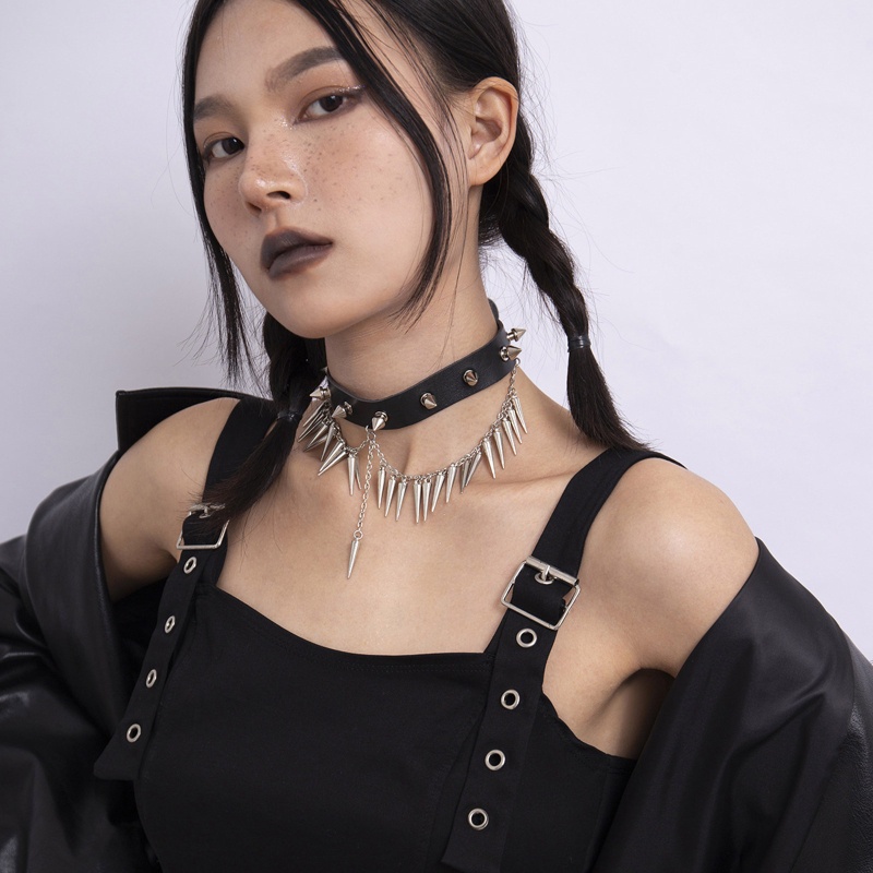 Vòng Cổ Da Unisex Đính Đinh Tán Phong Cách Punk Rock