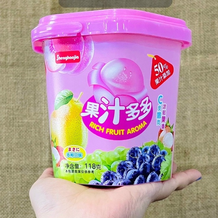 Xô kẹo dẻo lột vỏ chiết xuất từ nước ép trái cây nguyên chất ShengHoaJia 118g, đồ ăn vặt ngon rẻ Sài Gòn