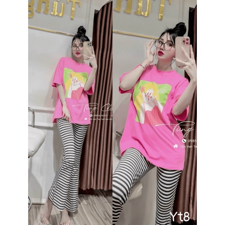 (Free ship) Xả Lỗ Cho Chị Em Sét Cotton Áo Thun In Hình Bé Gái Cute + Quần Ống Rộng Kẻ Sọc Ngang Cực Hot UP VLTN Shop