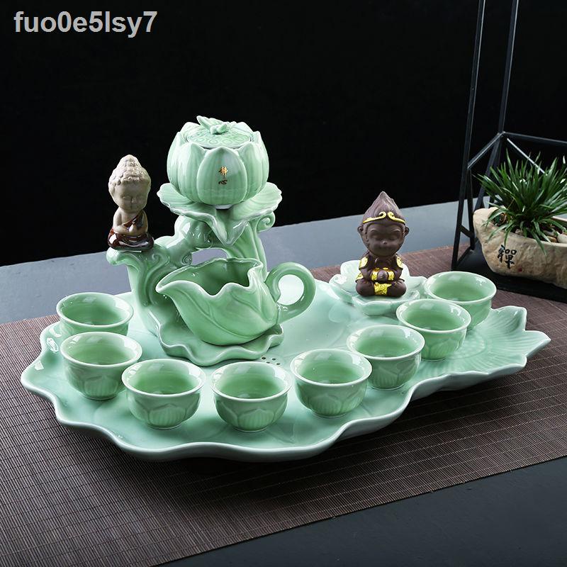 ✌ Bộ ấm trà tự động đồ gốm gia dụng lười xoay men ngọc khay tách món quà đơn giản