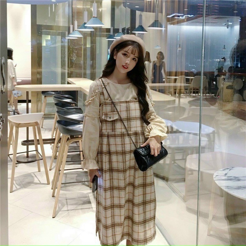 SET ÁO KIỂU VÀ YẾM TÚI NẮM CARO SIU XINH DÁNG MIDI YÊU QUÁ
