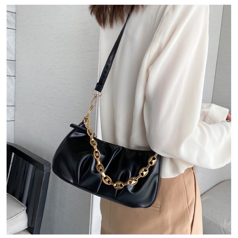 TÚI ĐEO CHÉO NỮ KẸP NÁCH NỮ DA NHÚM PHỐI DÂY XÍCH NGANG SIÊU HOT